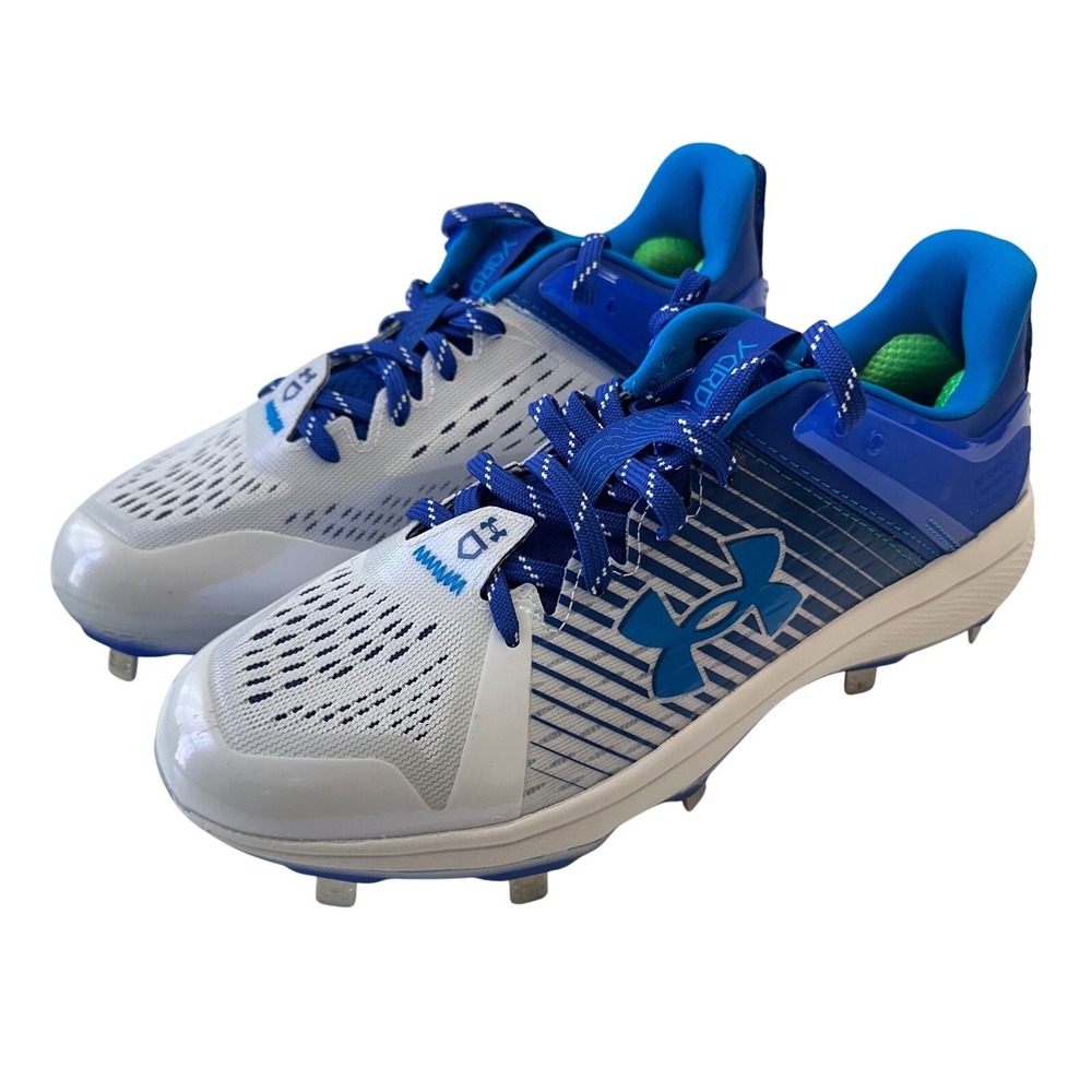 New Under Armour Yard MT Metal‎ Baseball Cleats White Blue Youth Size 7